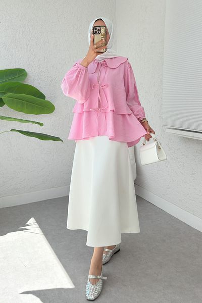 Salih Çelebi Balloon Sleeve Baby Collar Tunic 2370 - Pink