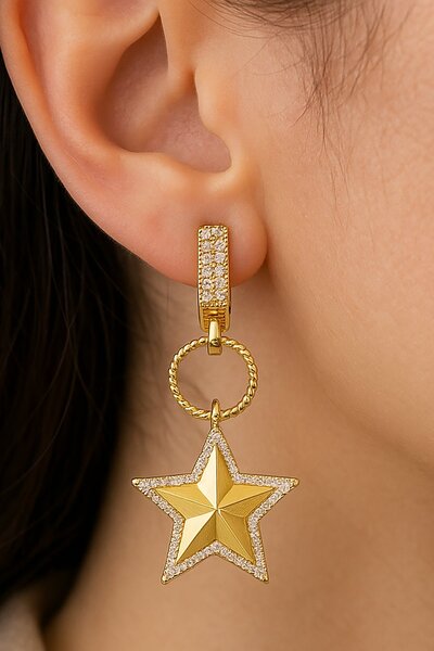 TAKIŞTIR Gold Color Stone Detailed Star Figured Earrings (Pair)