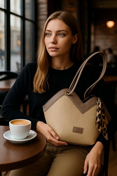 Handley Women's Special Design Straw Fabric Shoulder and Shoulder Bag with Leopard Scarf Detail