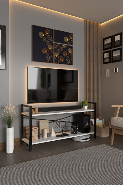 AWOX Exen TV Ünitesi Dekoratif 2 Raflı Metal Ayaklı TV Sehpası