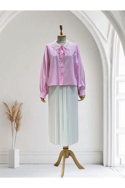 BUTİK SEPETİN Linen Collar Lace Crop Shirt