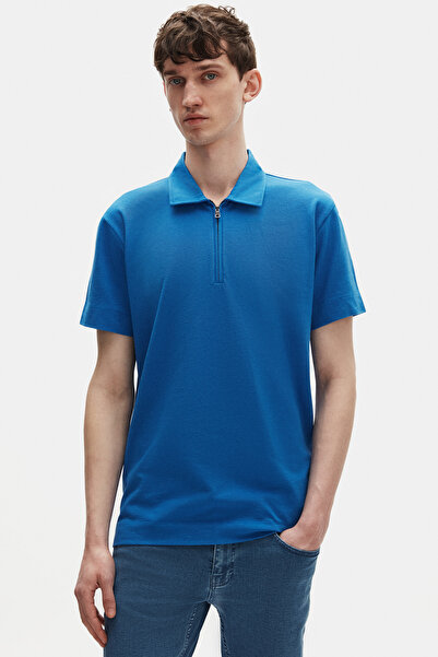 Tween Relaxed Fit Saks Mavi Yarım Fermuarlı Polo Yaka Yazlık T-Shirt