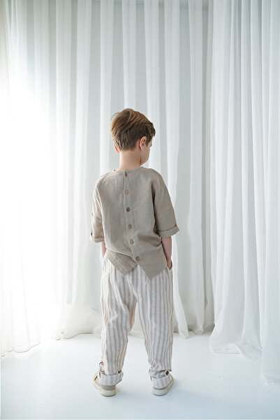 Catz Kids Boy's Mink Striped Linen Trousers + Mink Muslin Back Button Shirt
