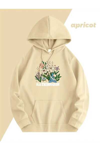 caddekombin All Things Grow Printed Hooded Beige Sweatshirt with Pocket and Wool Inside