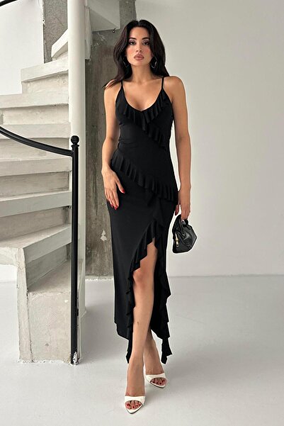 Serica Moda Rochie neagră cu bretele subțiri și volane