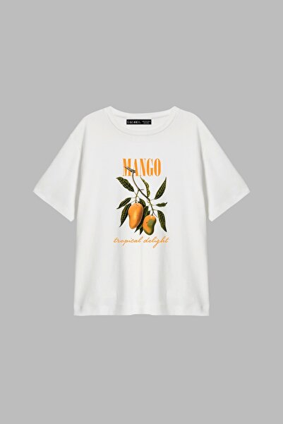 Bak Moda Tricou alb pentru femei Mango Tropical Delight Relaxed Fit imprimat