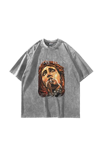Bak Moda Tricou alb oversize unisex cu imprimeu Mary's Holy Tears lavabil