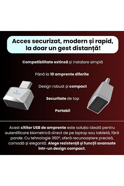 SpectrumPoint USB-C fingerprint reader model U10, advanced security, compatible with Android and IOS, gray
