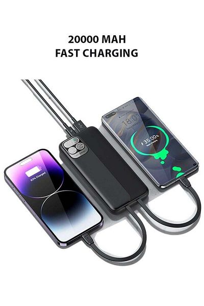 Specton Prostyle Power Bank 20000mAh Fast Charging, Portable, and High-Capacity Backup Built-in Cables - Bla