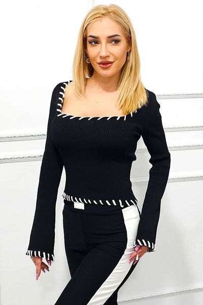 FashionForYou Amarie women's blouse, ribbed and crocheted square neckline, Black, Size S/M