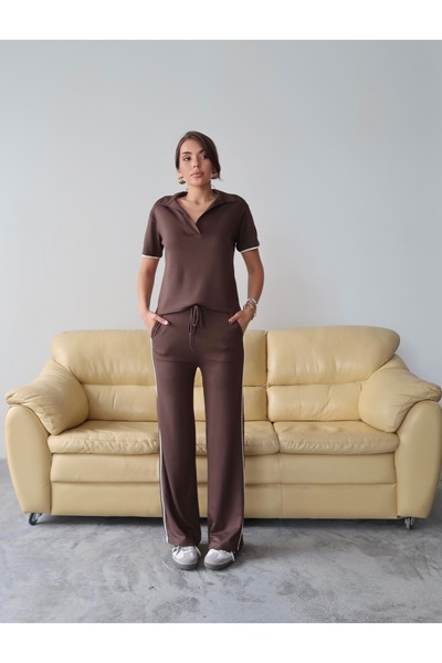 Paw Garage Γυναικείο σετ μπλούζας-παντελόνι με λαιμόκοψη πόλο από βαμβακερό ύφασμα Maribel, σετ δύο τεμαχίων, καθημερινό σετ 4 εποχών