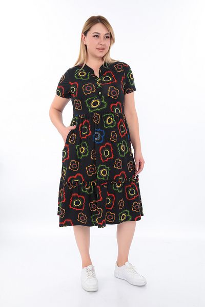 KARAMEŞE Women's Viscos Fabric Buttoned Collar Patterned Dress