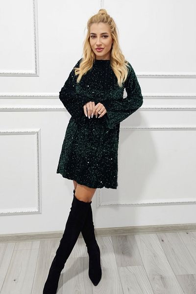 FashionForYou Tamina short evening dress, with sequins and oversized bow at the back, Dark Green, Size S/M/L
