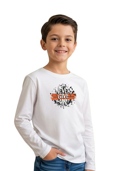 panios kids Plain Round Neck Nevver Give Printed Detail Boy's Sweatshirt