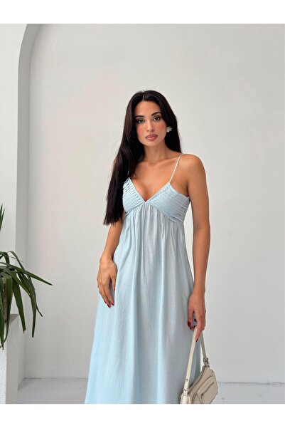 Serica Moda Baby Blue Λεπτό Φόρεμα Midi με Πλισέ