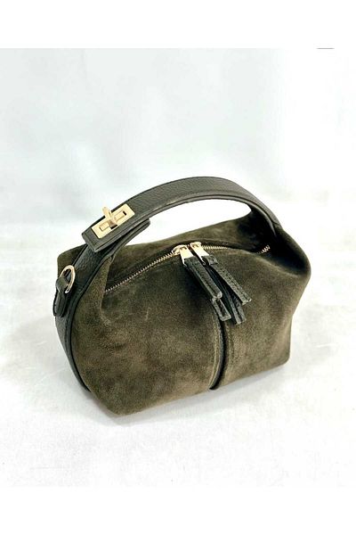 Sibel Shoes Khaki Green Buckle Detailed Genuine Leather Hand and Shoulder Bag