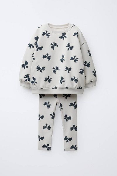 Monila Girls' Ribbon Printed 3 Thread Cotton Fabric Sweatshirt and Leggings Bottom Top Set