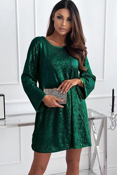 FashionForYou TizHea short sequin dress with oversized bow at the back, Green, Size S/M
