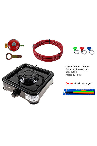 Zilan Gas stove package 1 burner, 27×27cm, cylinder clock, 2 m gas hose, 3 hose clamps, igniter ZLN0018B_N