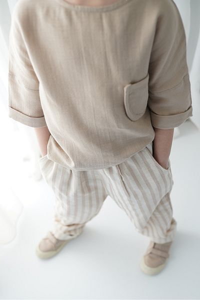 Catz Kids Boy's Mink Striped Linen Trousers + Mink Muslin Back Button Shirt