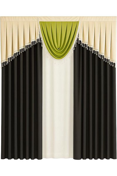 Generic Umeema Luxury Layered Blackout Curtains with Elegant Valance Design – Beige & Grey with Green Acce