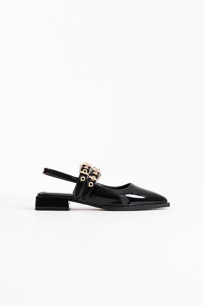 Zerenyus Blues Premium Black Patent Leather Belt Detailed Women's Heeled Shoes