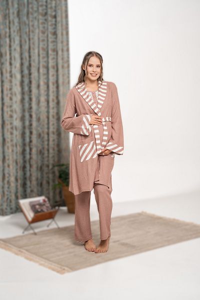 Pelin Women's Brick Color Lace Detailed Shawl Collar Maternity Pregnant 3-Piece Pajama Set