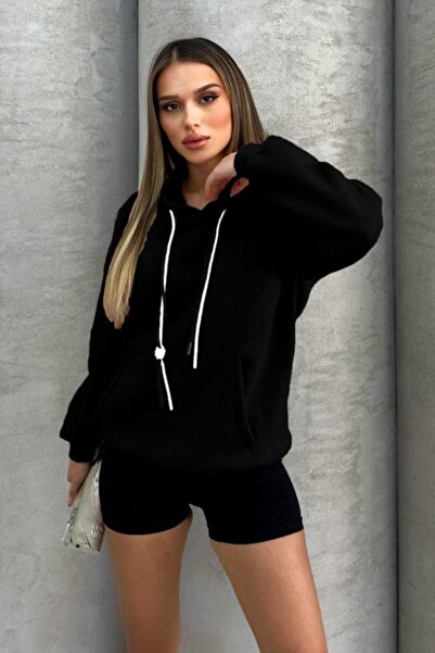 FashionForYou Hanorac de dama MYKA, vatuit, cu gluga si buzunar oversize, Negru