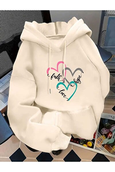 caddekombin Faith Hope Love Baskılı Kapüşonlu Cepli İçi Yünlü Bej Sweatshirt