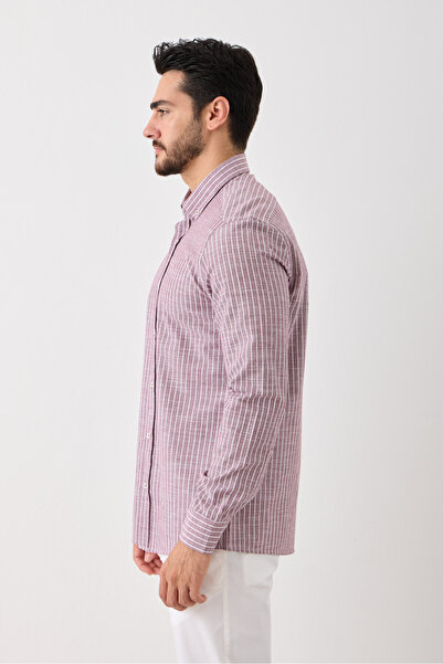 Yardalı Uzun Kol %100 Pamuk Slim Fit Çizgili Erkek Gömlek - Düğmeli, Keten Görünümlü, Serin Tutan Kumaş