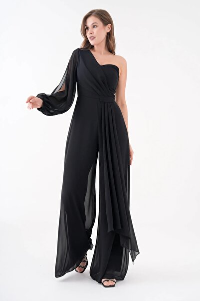 bayansepeti Women's Lined Black Chiffon Fabric Single Sleeve Design Belt Detailed Stylish Evening Dress Jumpsuit 1336