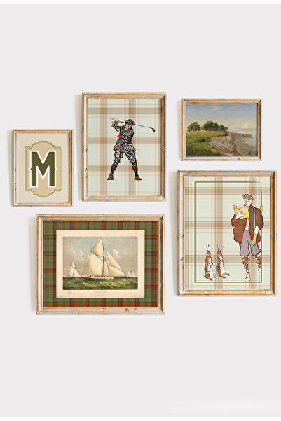 Kids Vintage Tarz 5’li Dekoratif Çerçeveli Poster Seti – Retro Spor ve Deniz Temalı Duvar Dekoru