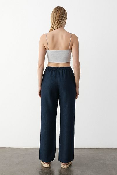 My Blog Navy Blue Linen Loose Leg Trousers with Elastic Waist - 2813