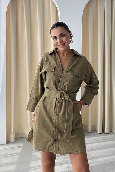Seda Yalçın Atelier Khaki Linen Belted Shirt Dress