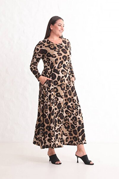 Truva XXL Leopard Print Long Dress with Pockets, Viscose Lycra and Long Sleeves