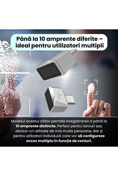 SpectrumPoint Cititor de amprente USB-C model U10, securitate avansata, compatibil Android si IOS, plug&play, gri