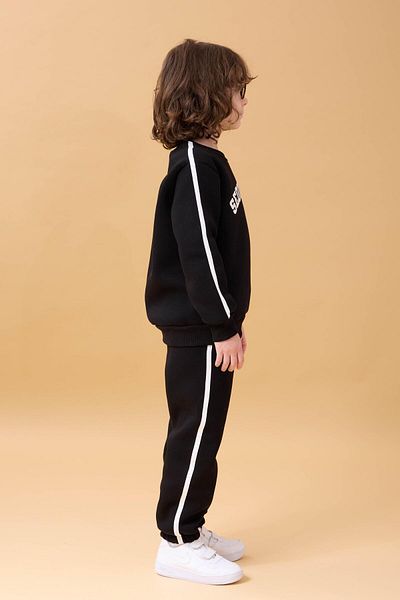 Perendi Boy's Appliqued Raised Crew Neck Double College Suit - Black