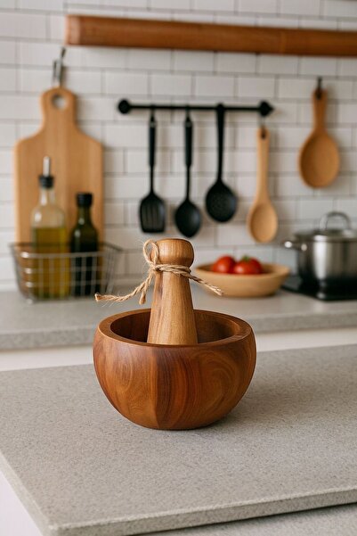 Sezka Life Doğal Akasya Bambu Sarımsak Ezeceği Havan Orta Boy Bambu Ahşap Sarımsak Ezeceği Havan