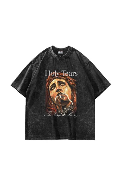 Bak Moda Tricou negru lavabil unisex oversize cu imprimeu Mary's Holy Tears