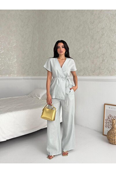 Serica Moda Light Blue Double Breasted Blouse Spanish Leg Pants Suit