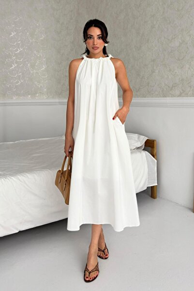 Serica Moda Rochie ecru cu decolteu halter cu croiala larga