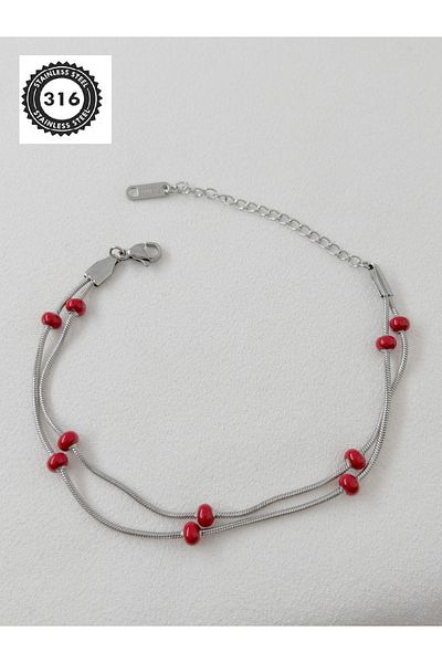Siya Silver Steel Bracelet with Red Beaded Snake Chain - 316L Steel