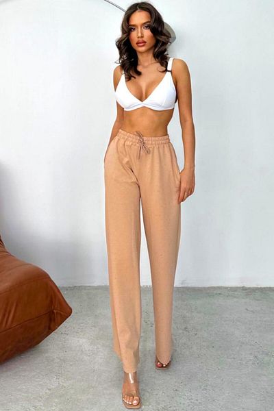 FashionForYou HIKE Glow casual pants, with rhinestone applications and drawstring at the waist, Beige, L