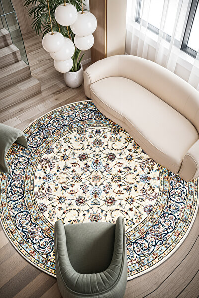 Emiroğlu Modern Otantik Renkli Motif Kaymaz Taban Yuvarlak Salon Halısı – Yık...