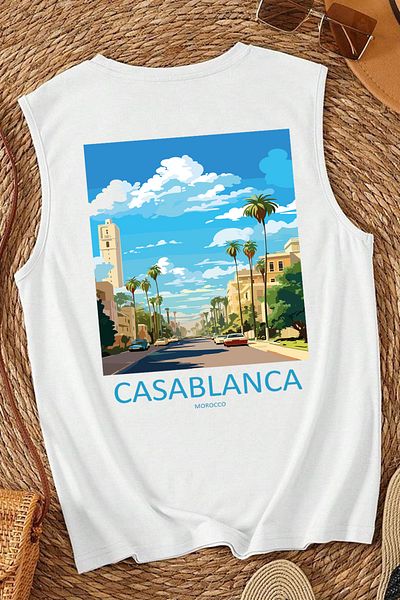 MARKATEM Casablanca Marocco Printed Casual Cut Cotton Oversize 0 Sleeve Sleeveless T-Shirt
