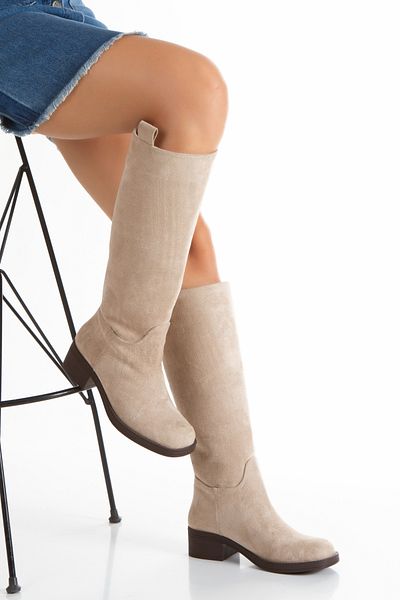 ÜNAL ÖZER Unal Ozer Women Beige Suede Medium Heel Pull-Up Necklace Daily Boots Un001-0500