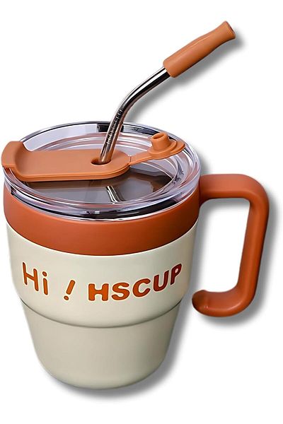Twisoo Coffee Mug with Straw & Handle - Double-Wall Vacuum Insulated Travel Mug, Stainless Steel The