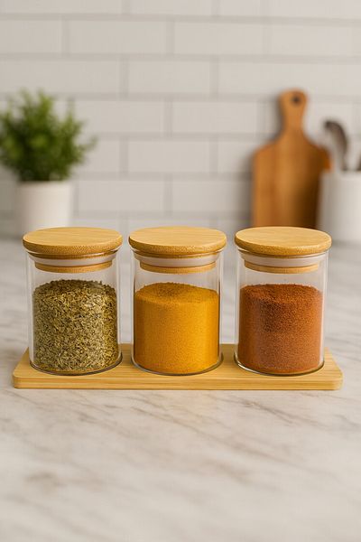 Evsun Home Collection 3-Piece Tray Bamboo Lid Vacuumed Round Spice Container