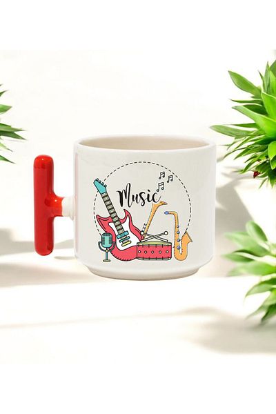 BB TRADE Music Designed Red T-Handle Ceramic Printed Mug 250 ml