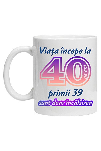 CRD PRINT Cană personalizată „Viața începe la”, 40 de ani, CRD PRINT, 330ml, Alb